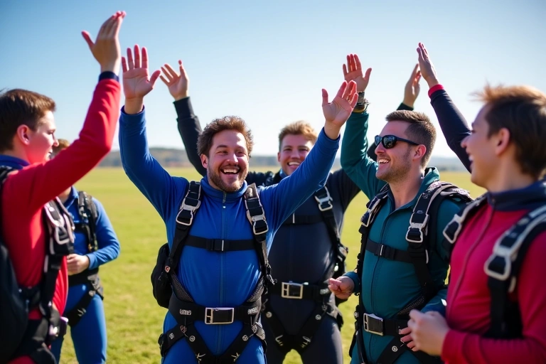 Happy skydivers celebrating after a successful jump