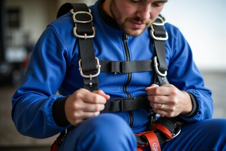 Instructor checking parachute gear before a jump
