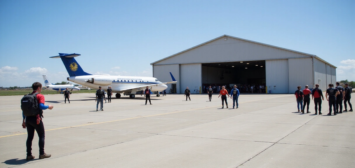 Modern SkyDive USA facility with multiple planes and happy skydivers