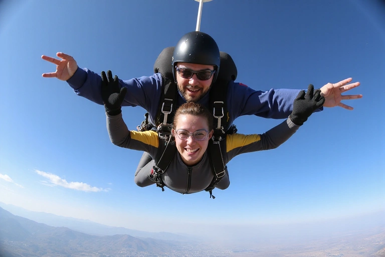 Two skydive instructors guiding a student in freefall during an AFF jump, blue sky background.