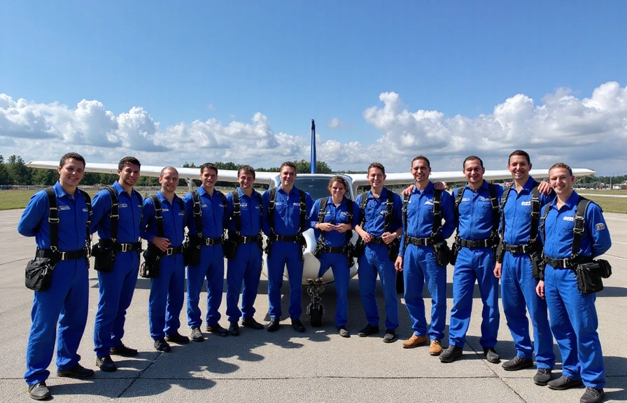A group of smiling instructors gathered before a skydiving plane, equipped and ready to jump, demonstrating professionalism and camaraderie.