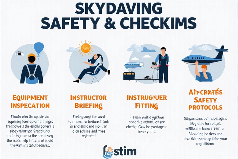 A detailed infographic illustrating common skydiving safety checks and preparations, ensuring a safe experience.