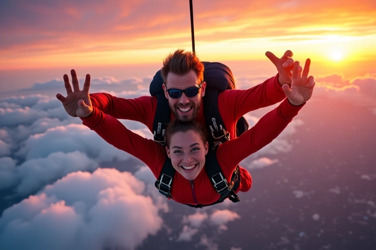 Skydivers enjoying a tandem jump with a beautiful sunset background, symbolizing adventure and freedom.