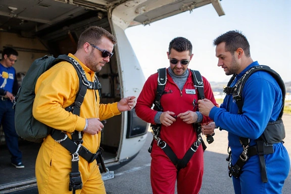 Skydivers preparing for a jump, focusing on safety checks