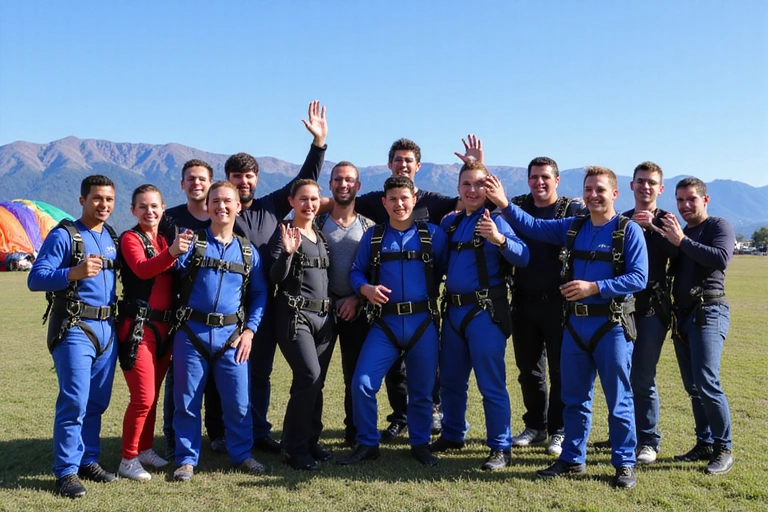 A group of skydivers celebrating after a successful jump, high-fiving with parachutes in the background and a vast blue sky.