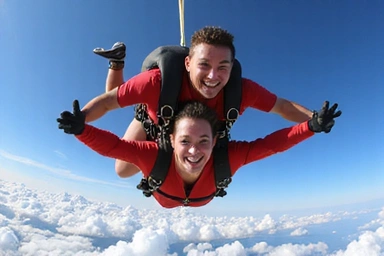 Two people in a tandem skydive, freefalling with a wide smile, blue sky and clouds in the background.