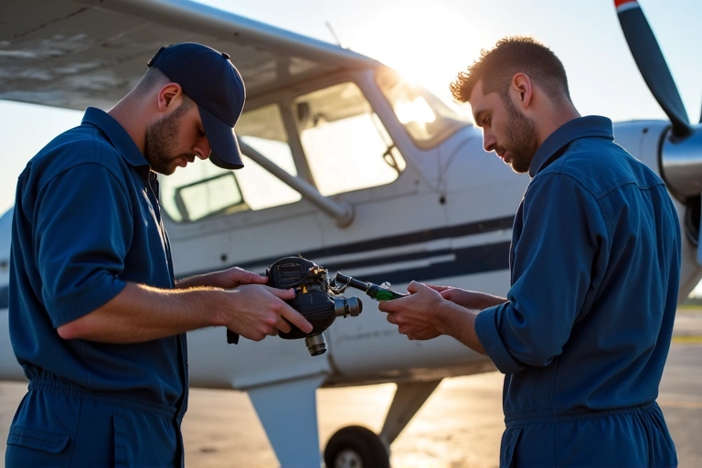 Aircraft pre-flight inspection being performed by skilled technicians