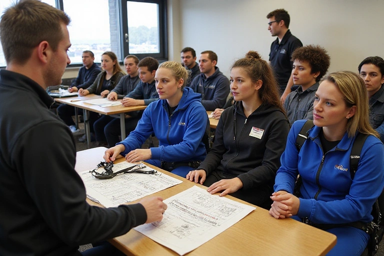 Skydiving safety briefing in progress with instructors and students