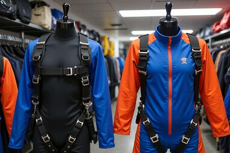 Skydiving harness and jumpsuit on display