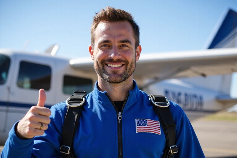 Smiling skydiving instructor with USPA badge