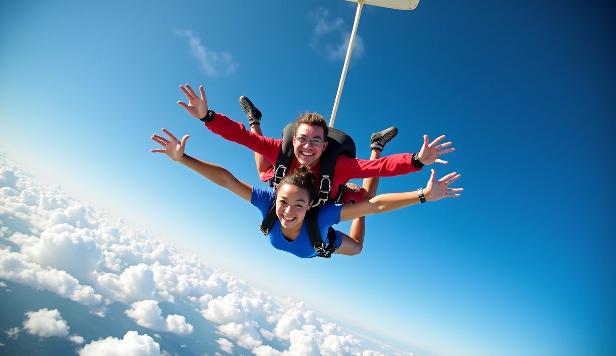 Group of skydivers in freefall formation above clouds