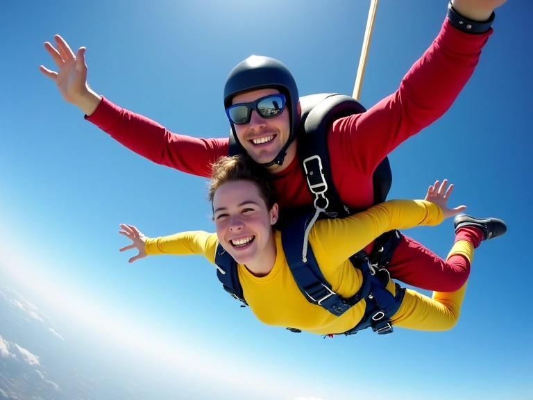 Two people smiling during a tandem skydive with instructor