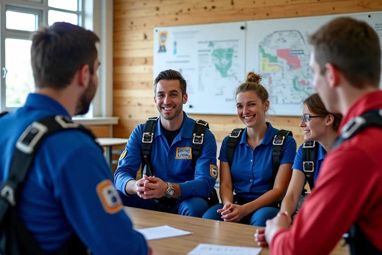 Skydive instructor giving a briefing to students