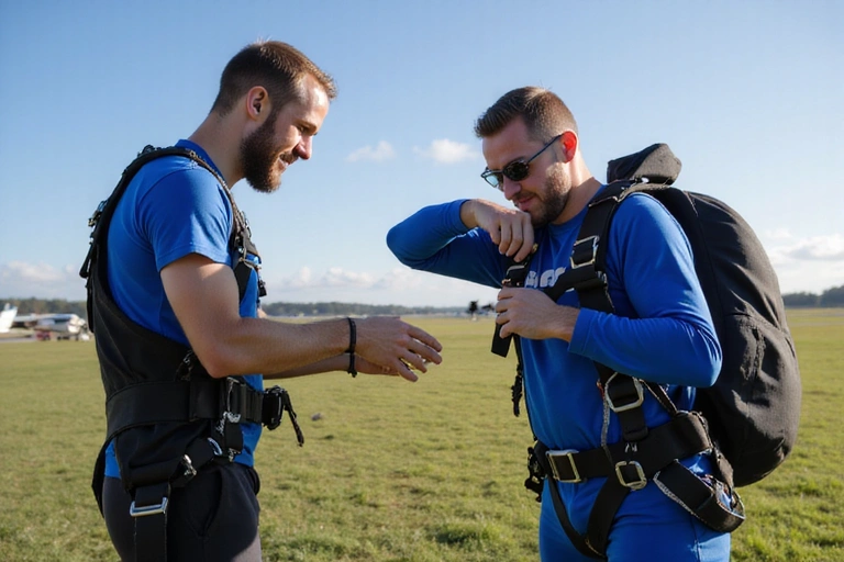 Skydiver getting geared up by instructor