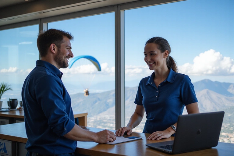 Skydiver checking in at reception