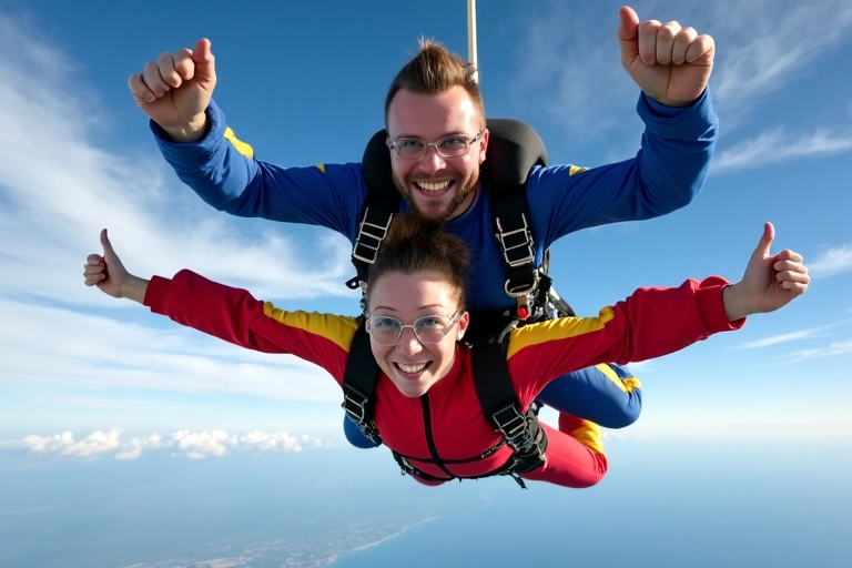 Tandem skydivers in freefall